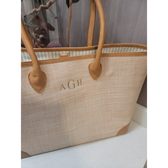 Mark And Graham montauk raffia tote Straw Summer Tan Purse Bag W/monogram - Picture 2 of 11